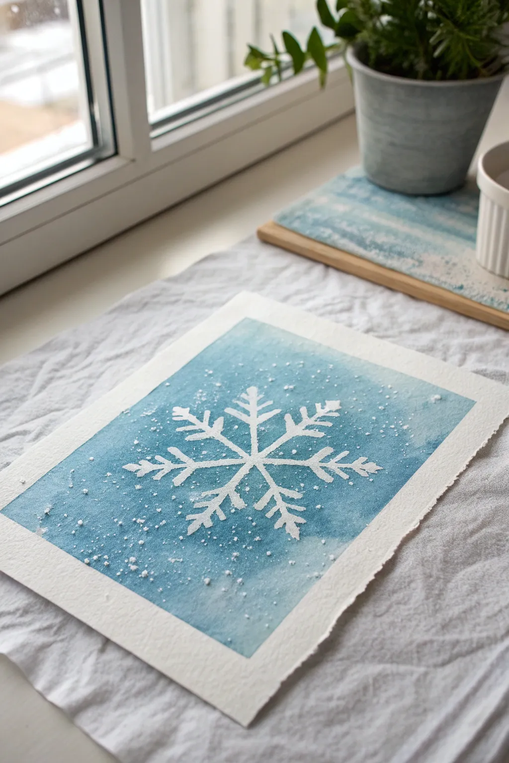 Salt-sprinkle a damp wash over a snowflake resist to reveal frosty, icy bloom textures.