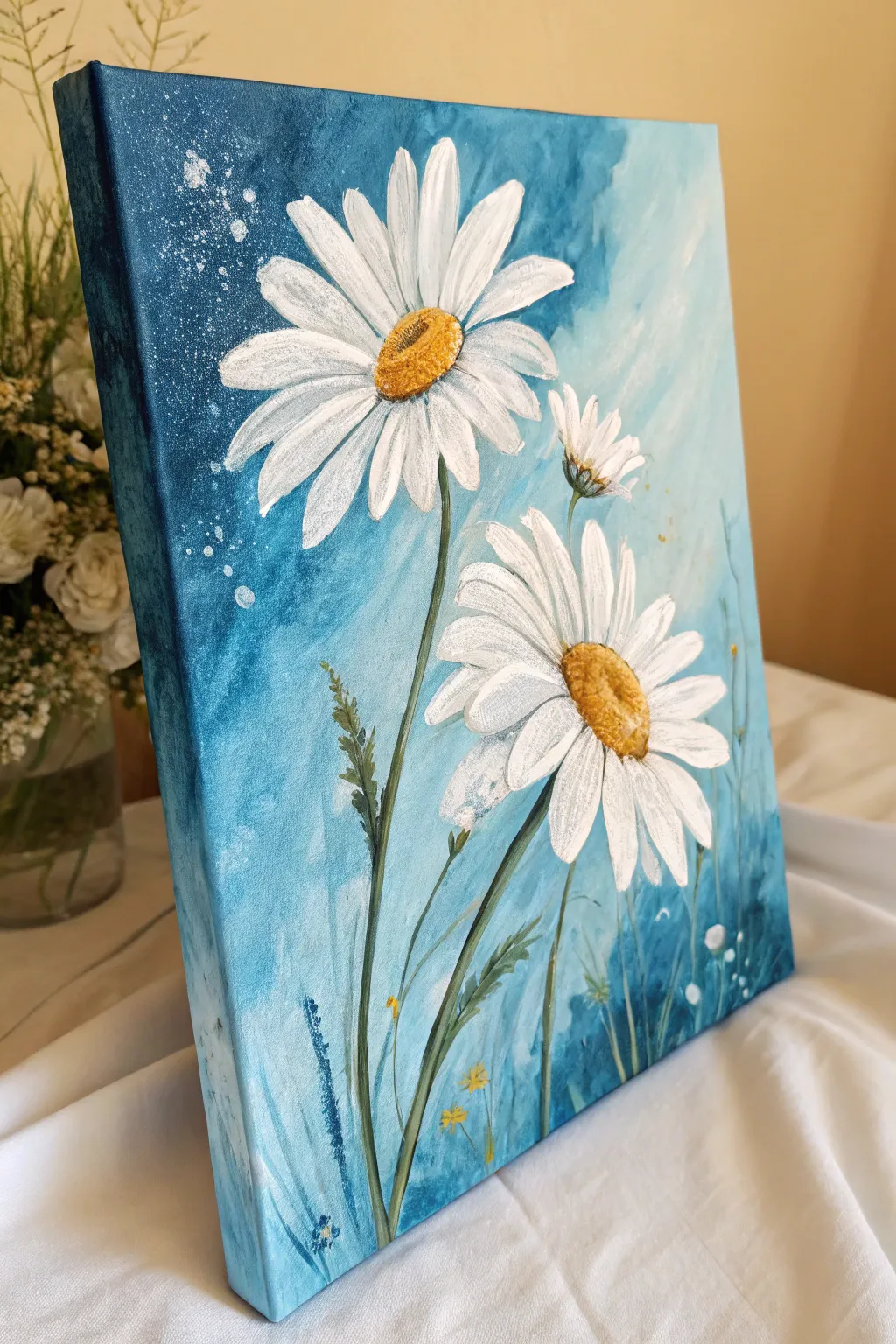 Sunny oversized daisies on a sky-blue wash, a minimalist spring canvas painting idea