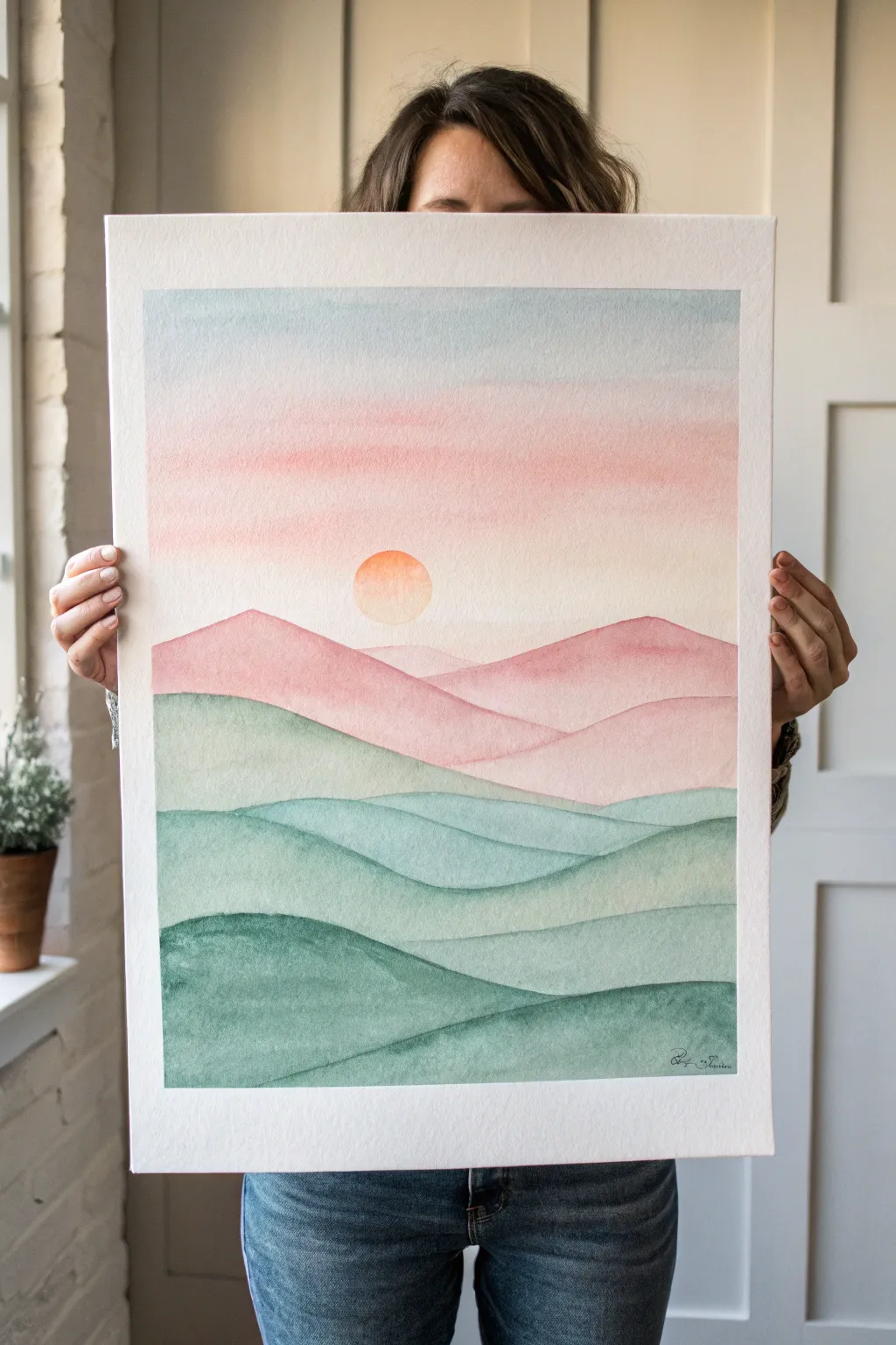 Minimal sunrise gradient over rolling spring hills for an easy, calming spring painting idea