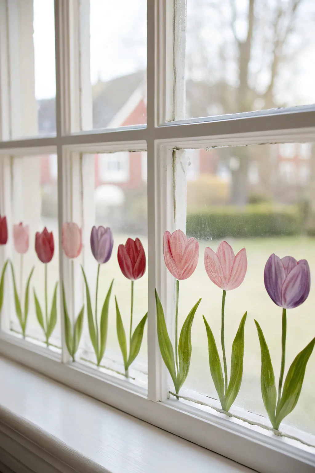 Minimal tulip border window painting in pink, red, and purple with soft green stems