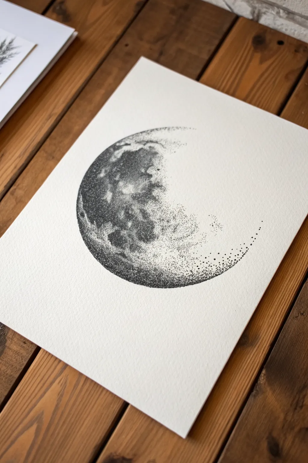Minimalist stippled crescent moon study with crater textures, perfect for easy dot art practice.
