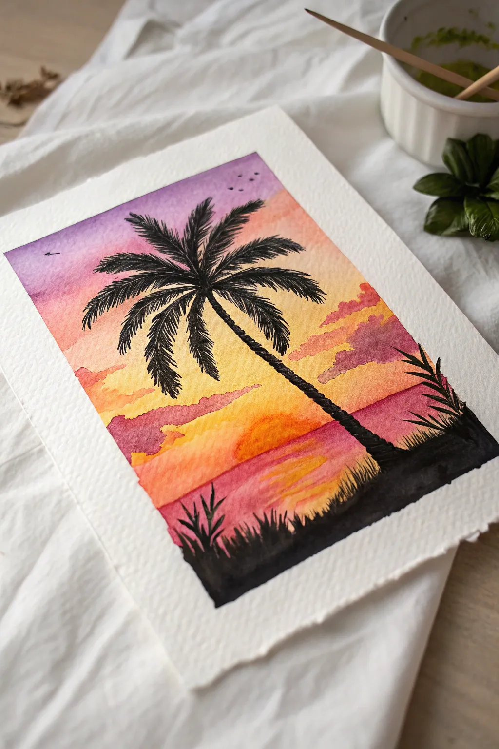 Bold palm tree silhouette against a glowing sunset gradient, an easy golden hour summer painting