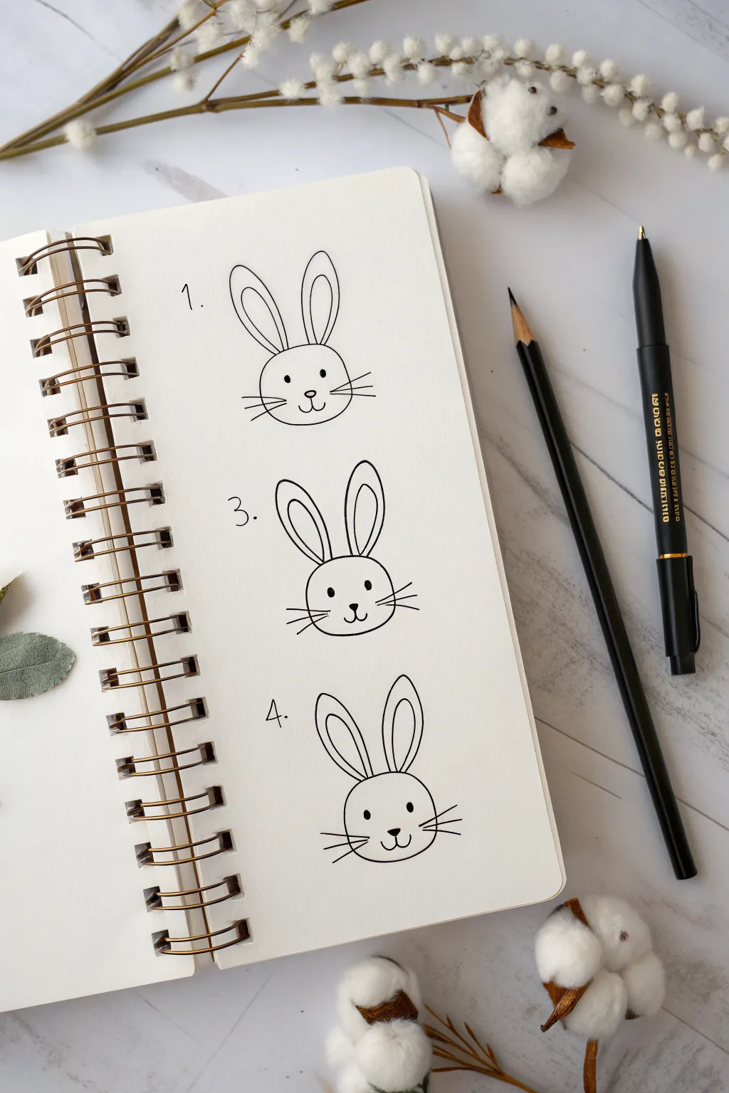 Easy long-eared bunny step drawing on a clean sketchbook page, perfect for kids to copy