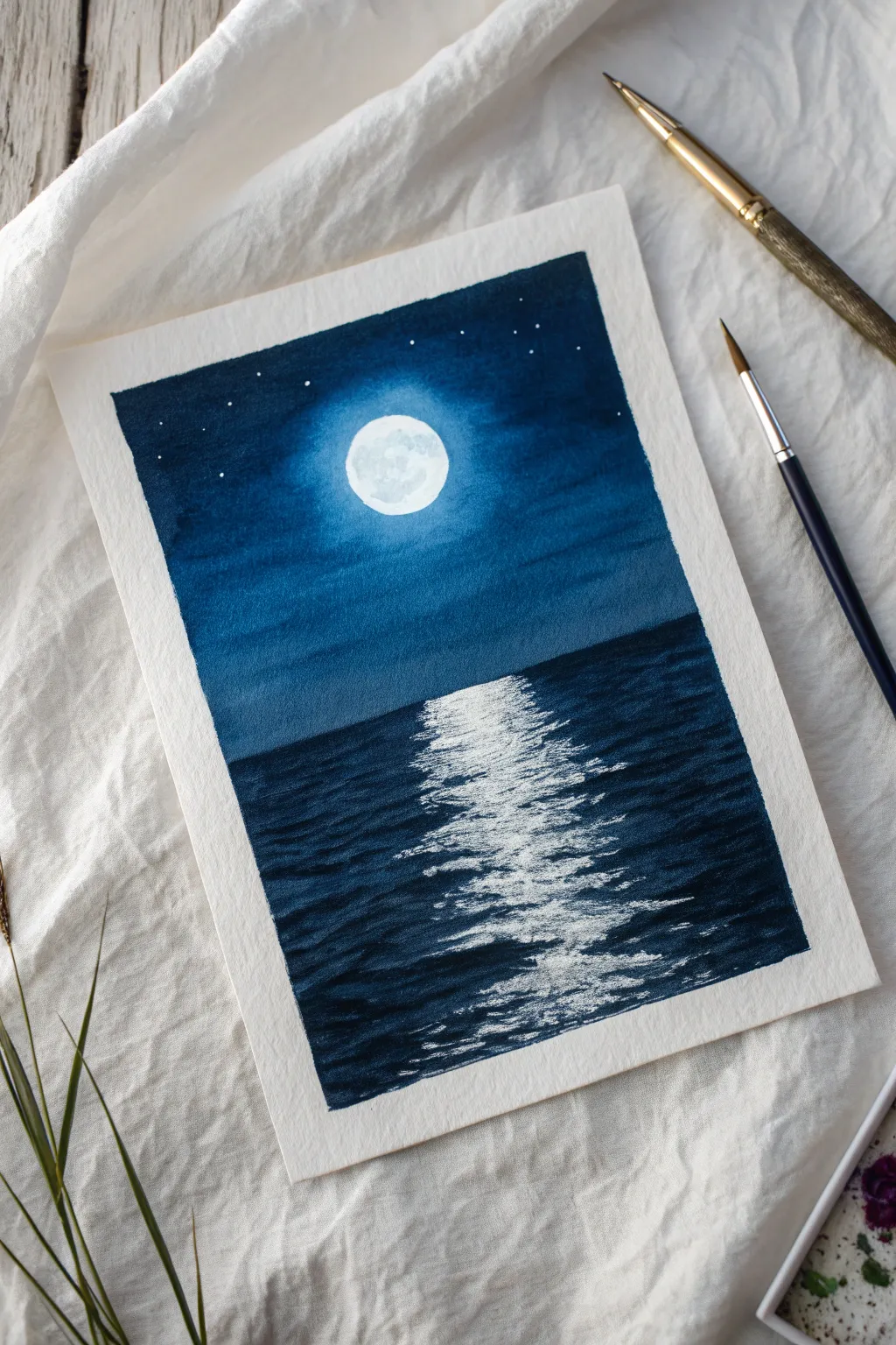 Easy tropical night sky painting: luminous full moon and a calm ocean with silver reflection