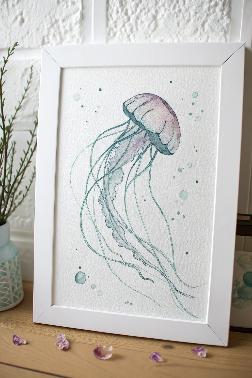 Minimal jellyfish drawing with flowing tentacles, bubbles, and soft underwater motion lines