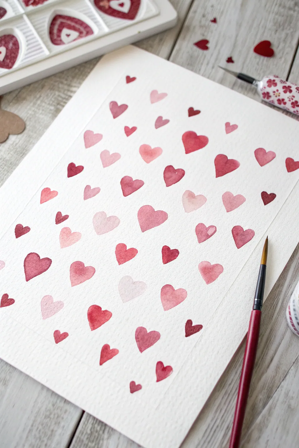 Scattered mini hearts in reds and blush tones, a clean minimalist Valentine pattern to paint