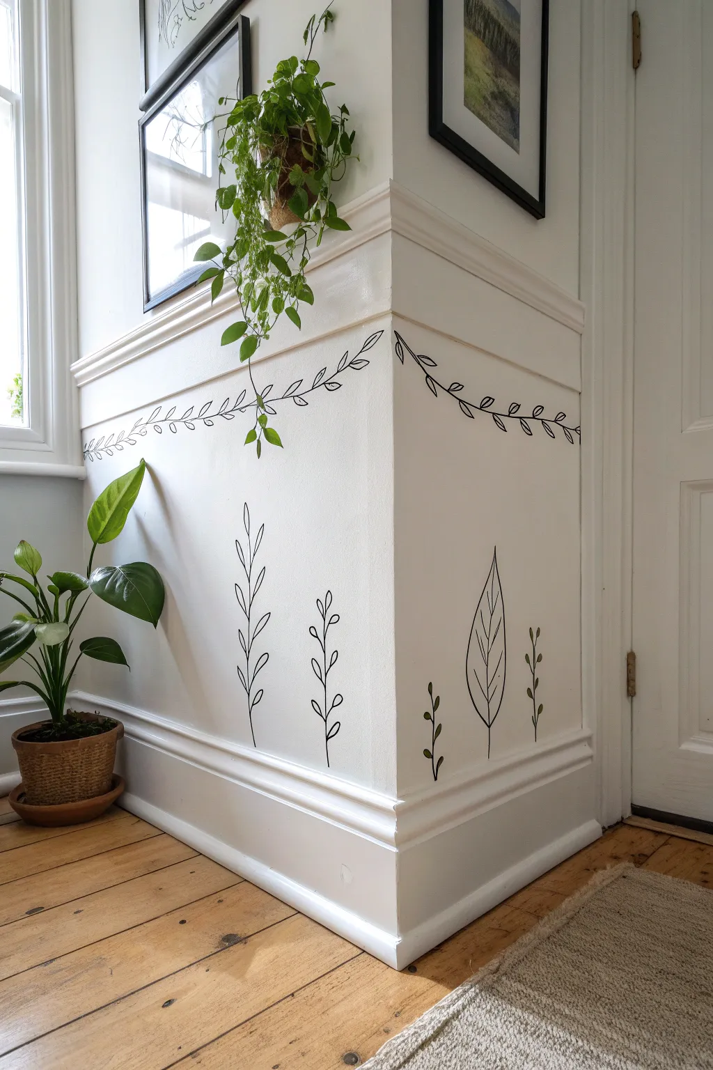 Minimal vine corner wall drawing with simple leaves for an effortless, architectural accent