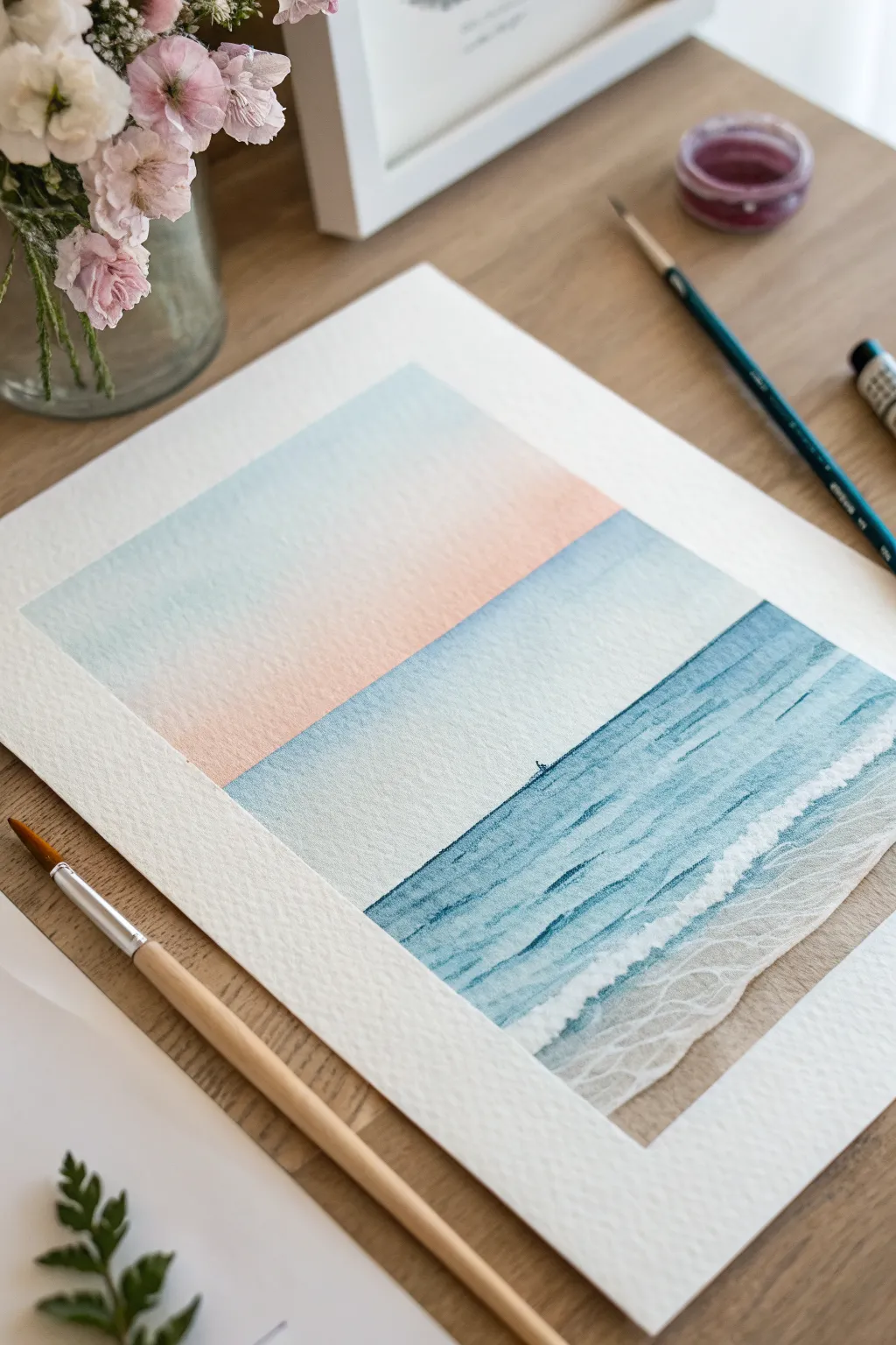 Minimal ocean horizon watercolor: a wet-on-wet sky and calm sea, easy to copy for beginners