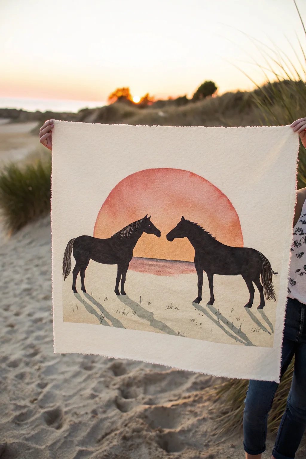 Minimal western art: two horse silhouettes meeting at sunset in soft boho Scandinavian tones