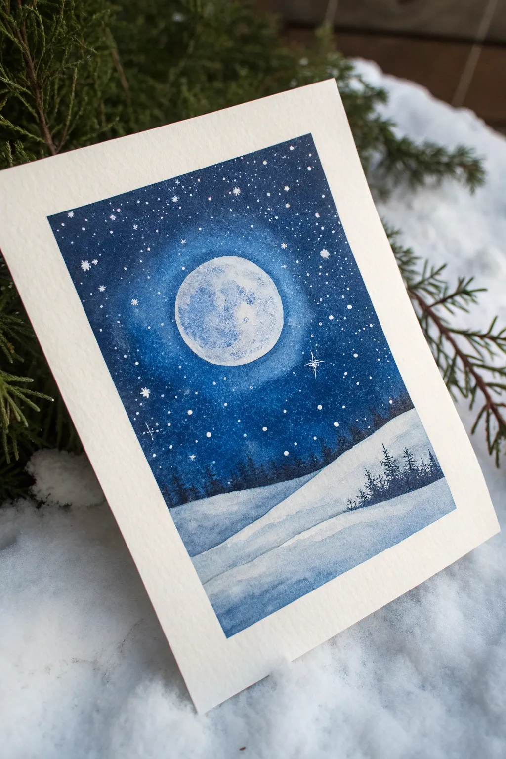 Moonlit winter sky painting with a soft glowing halo and sparkling snow, minimal and serene