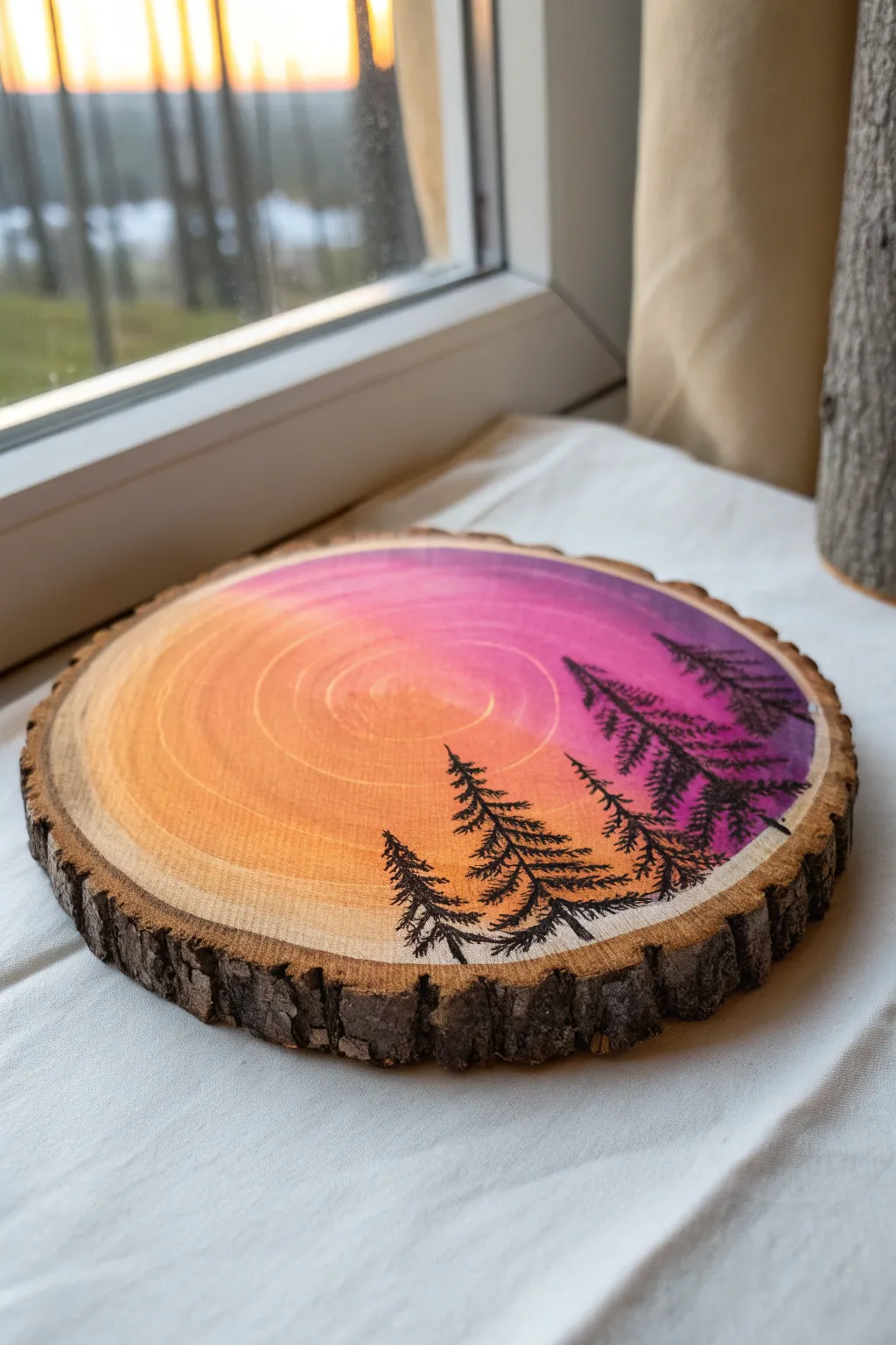 Sunset ombre on a wood slice with crisp black pine silhouettes, simple and striking