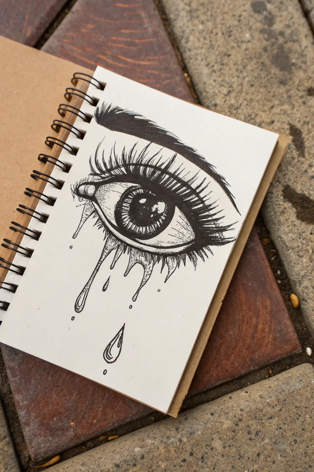 Bold ink lashes and glossy tears make this close-up eye sketch edgy, dramatic, and minimalist.