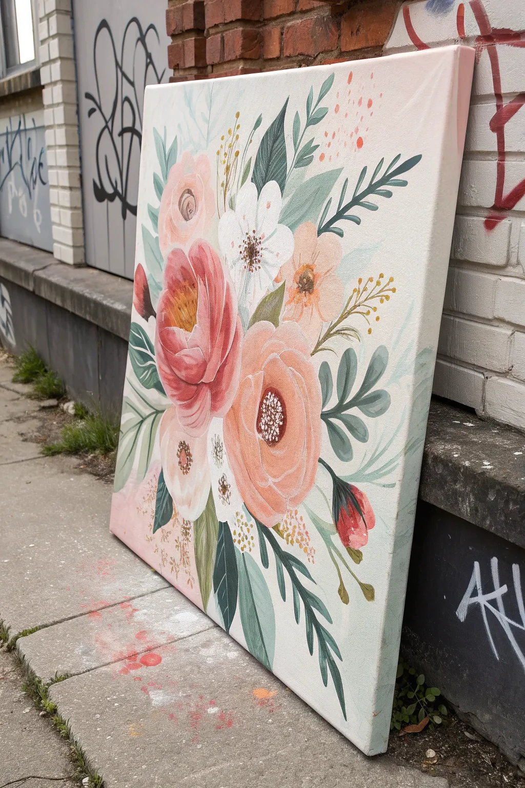 Delicate florals collide with bold graffiti marks for a pretty-and-punchy edgy painting idea.