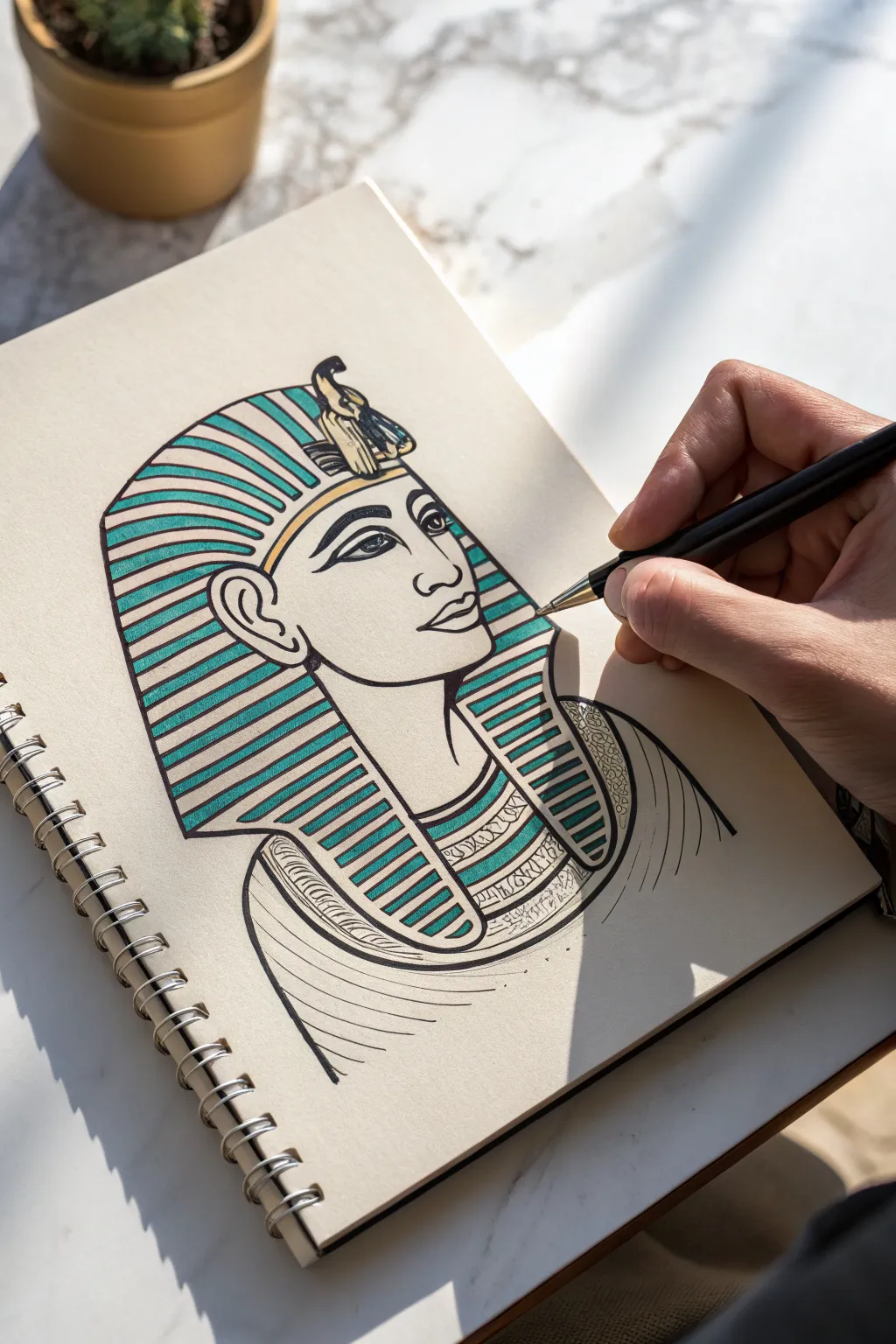 Easy pharaoh profile bust: bold outline and two-tone nemes stripes for a minimalist Egyptian sketch