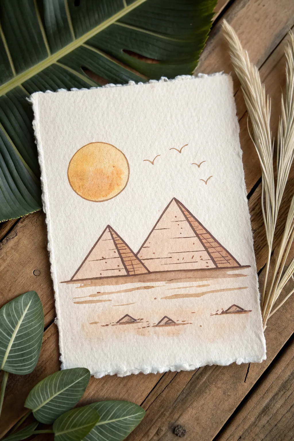 Simple pyramid triangles on a desert horizon with a bold sun disk, calm minimalist Egyptian vibes.