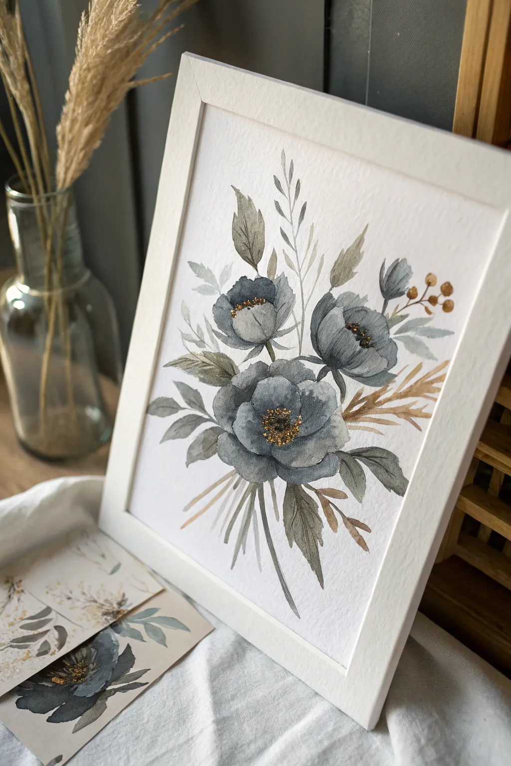 Moody monochrome bouquet with subtle metallic shimmer for an elegant minimalist painting idea
