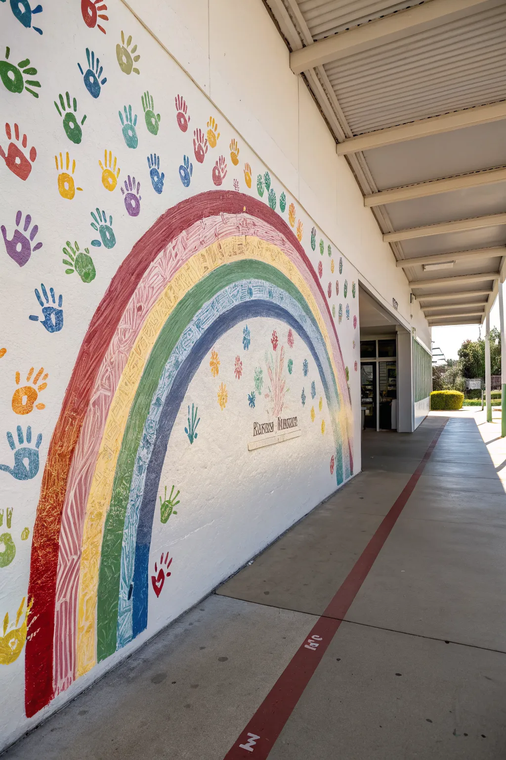 Diversity handprint rainbow mural idea, simple and warm, perfect for an inclusive school wall