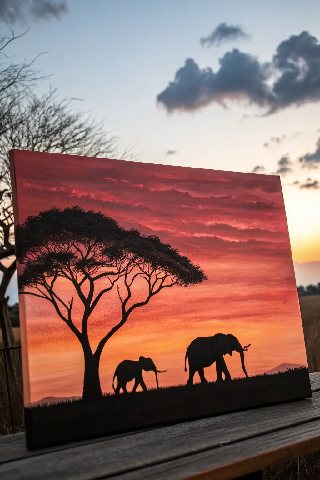 Elephants under an acacia silhouette set against a fiery sunset gradient for bold, simple contrast