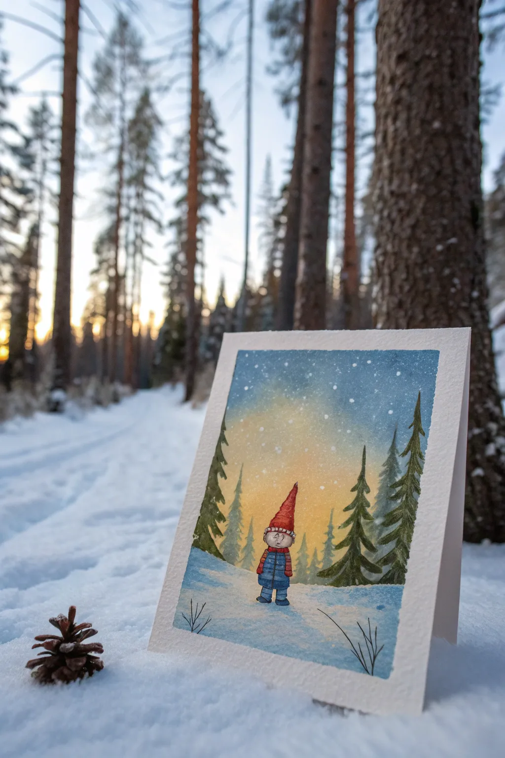 Cozy elf glow in a cool snowy pine forest, perfect Scandinavian minimalist winter painting idea