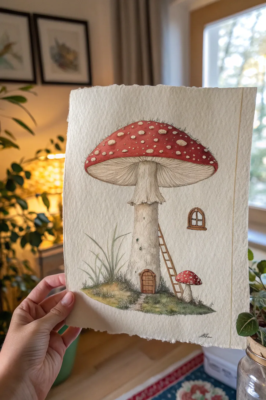 Oversized toadstool mushroom house glowing at dusk, minimalist boho enchanted forest mood.