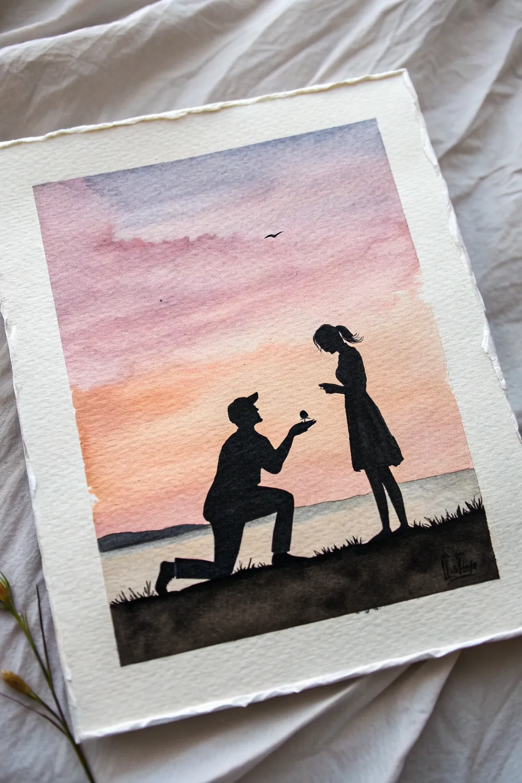 Paint a dreamy sunset proposal silhouette with bold contrast and minimalist Scandinavian calm.