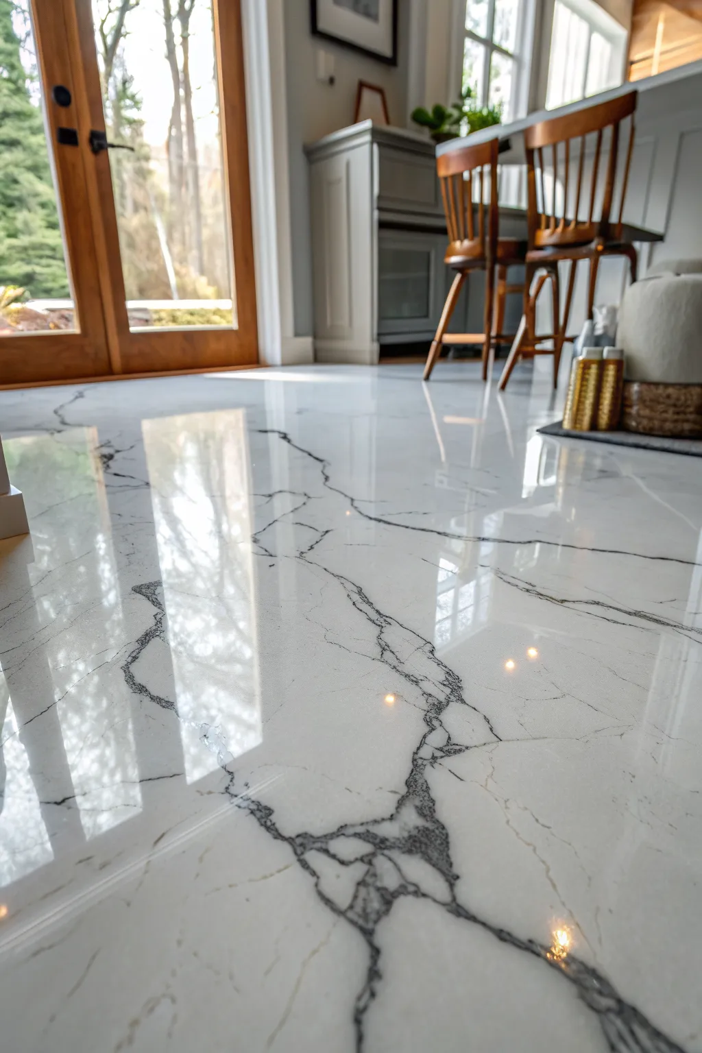 Soft white metallic epoxy with charcoal marble veins and a pearly shimmer, clean and minimal.