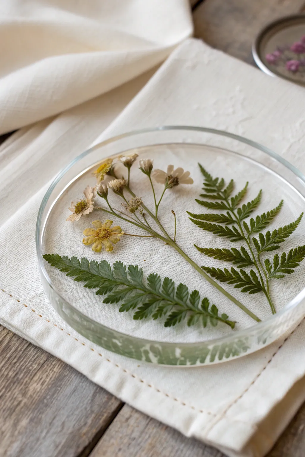Pressed flower epoxy resin coaster with airy botanical vibes in a calm minimalist styling.