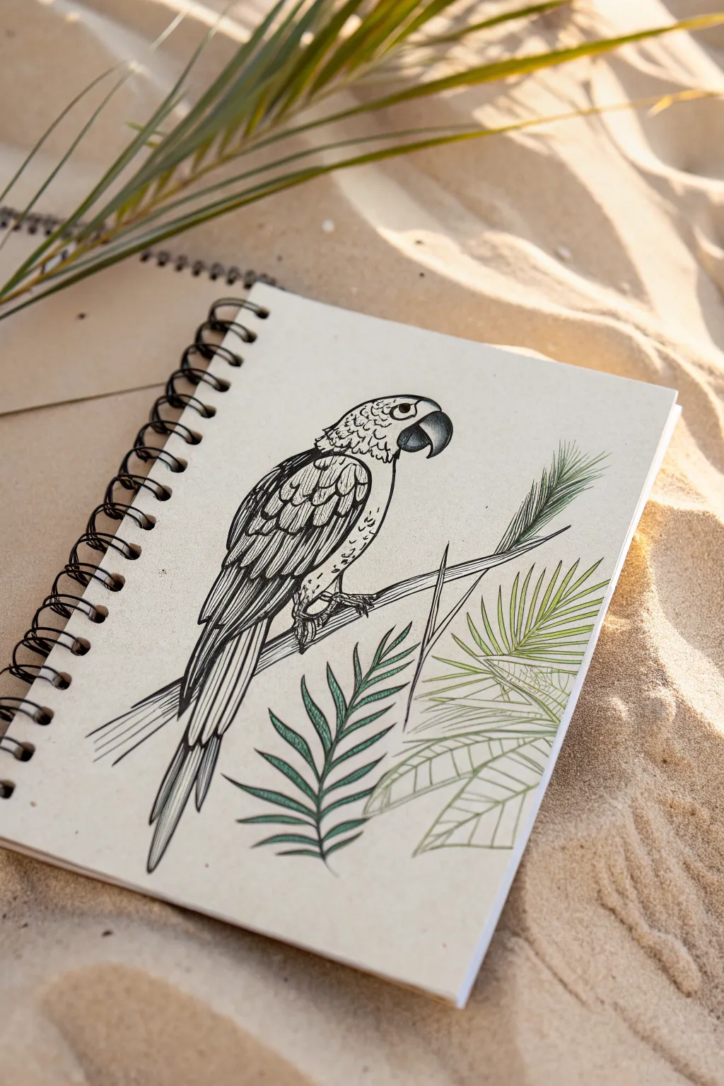 Minimal parrot profile with graphic patterned feathers and a soft boho watercolor wash.