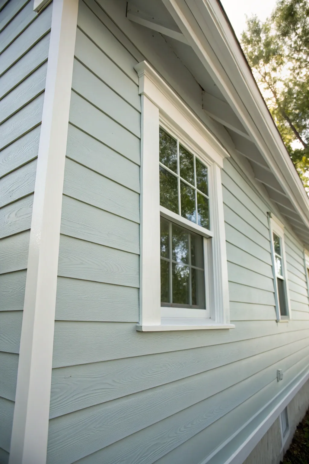 Light gray siding with bright white framing for a clean, classic exterior that feels fresh and refined.