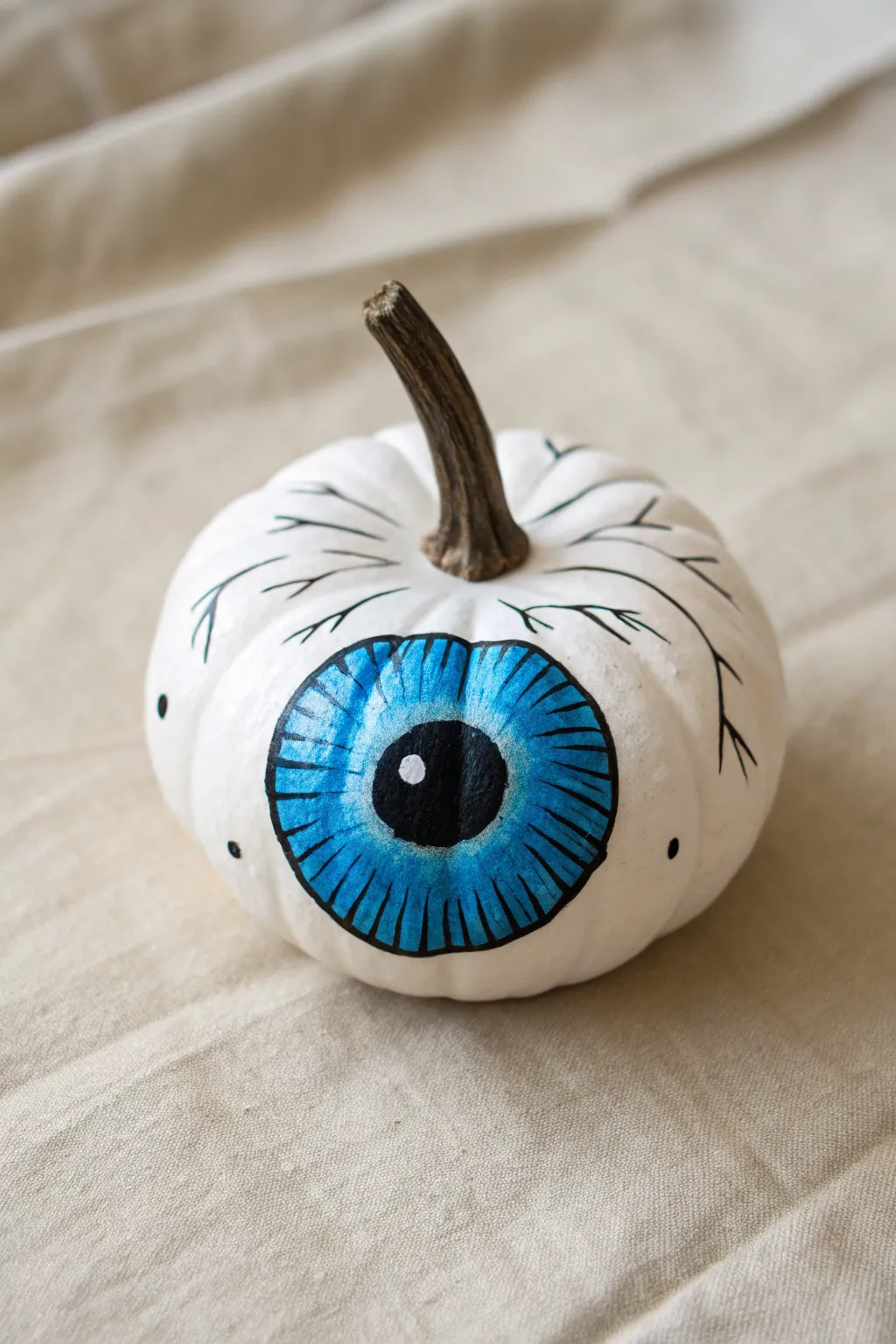 Bright blue iris eyeball pumpkin with crisp radial strokes, minimal boho styling, high contrast