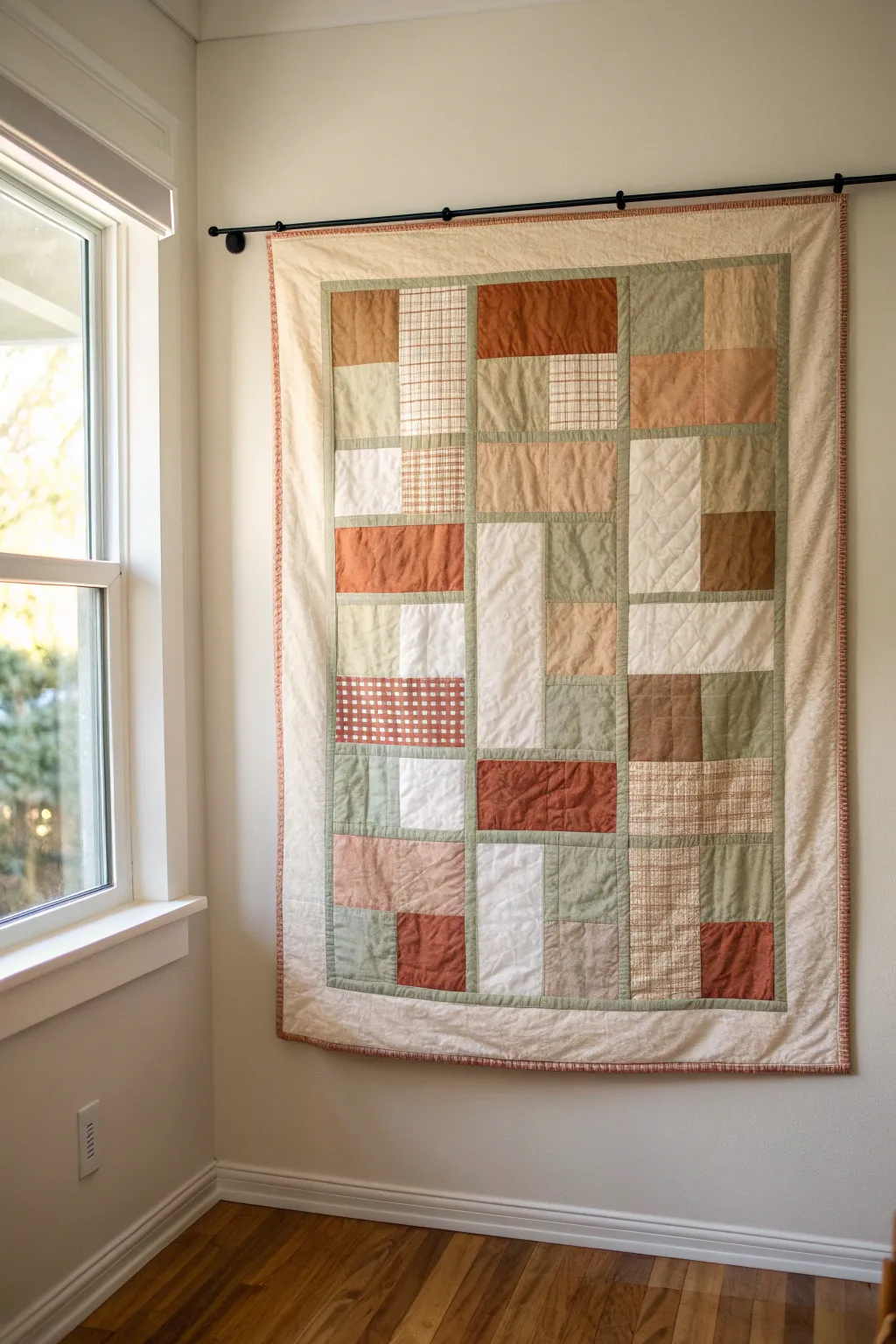 Minimal patchwork quilt panel wall hanging with visible stitching and calm Scandinavian tones
