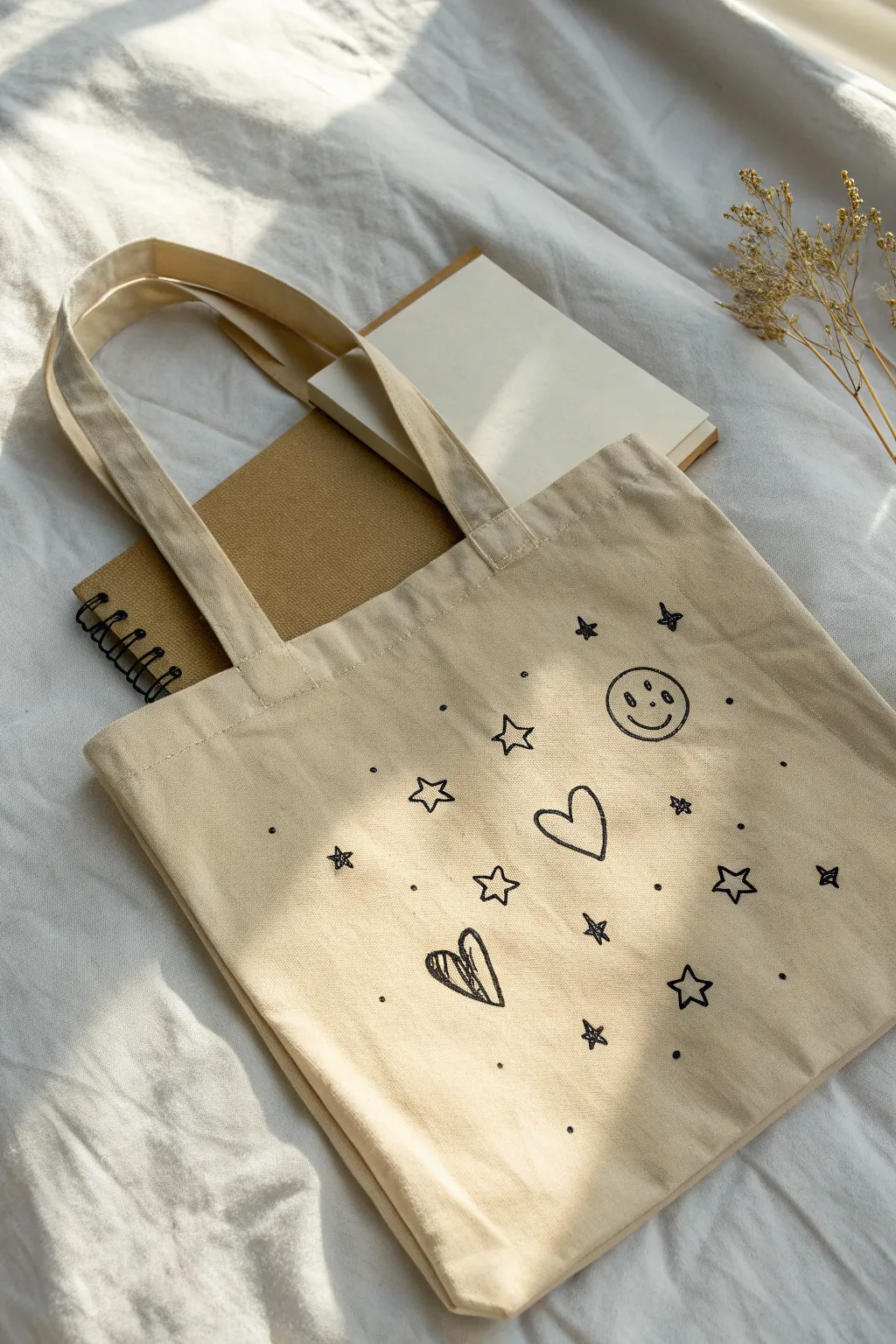 Easy line-art fabric paint doodles on a natural canvas tote, minimal, cute, and beginner friendly