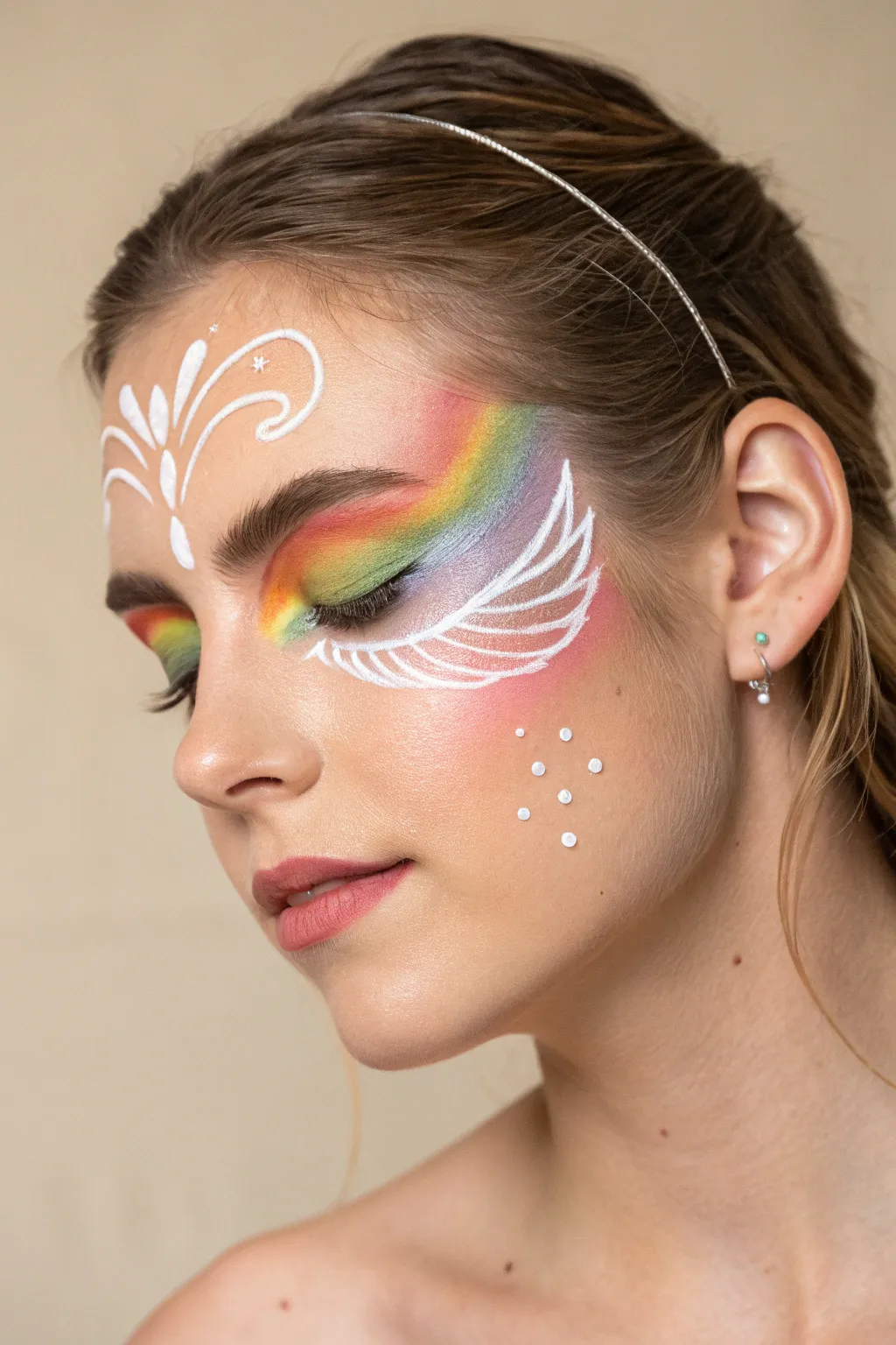 Rainbow wing sweep fairy face paint with white linework, minimalist backdrop, vivid contrast