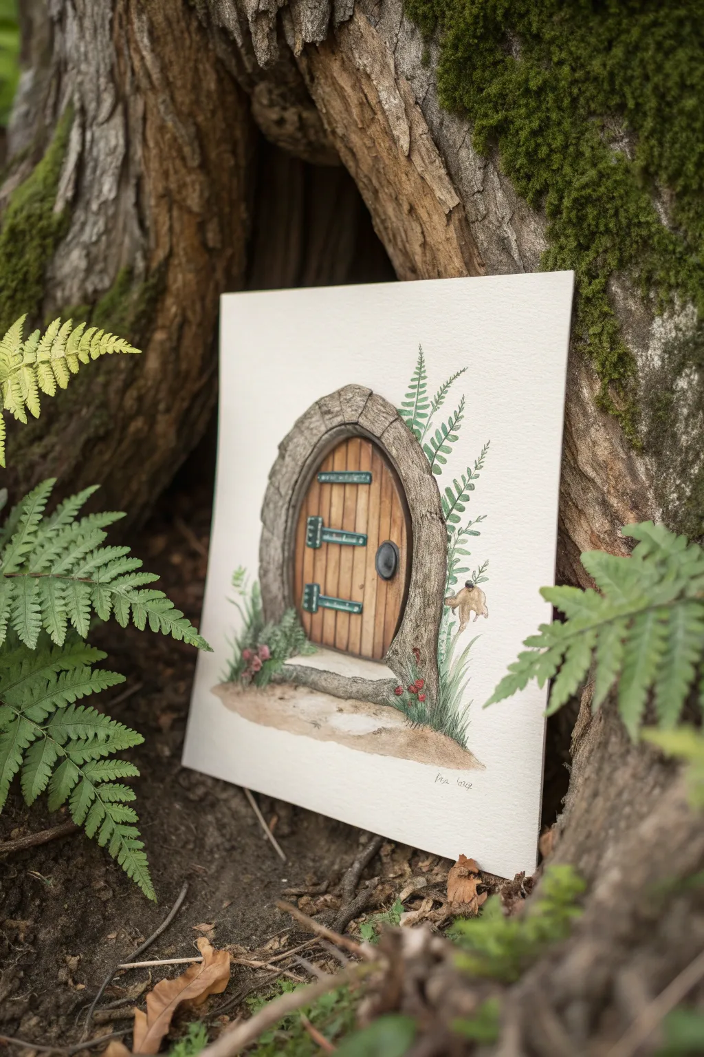 Discover a secret hollow tree door fairy hideaway, framed by ferns and rustic bark textures.
