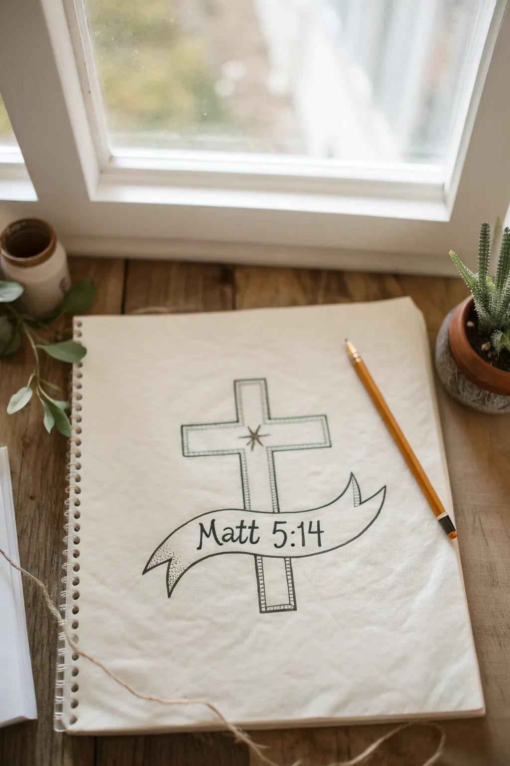 Minimal ribbon banner and cross sketch with crisp ink lines, ready for scripture lettering practice