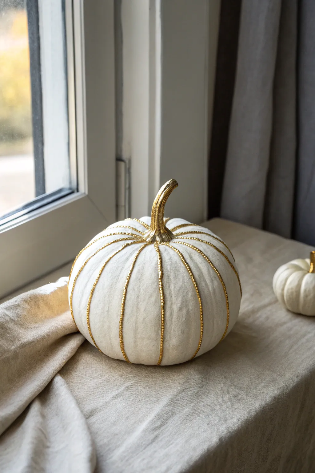 Minimalist faux pumpkin with soft gold gilded ridges and a brush ready for DIY shine