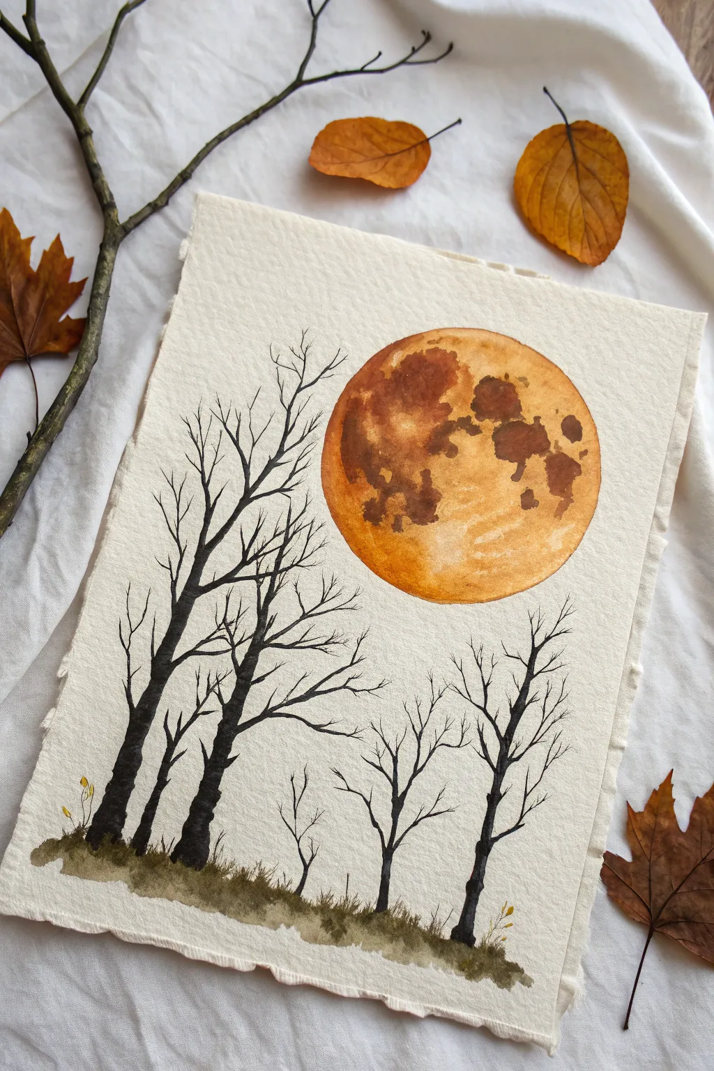 Warm harvest moon behind bare black trees, minimalist high-contrast fall paint night inspiration.