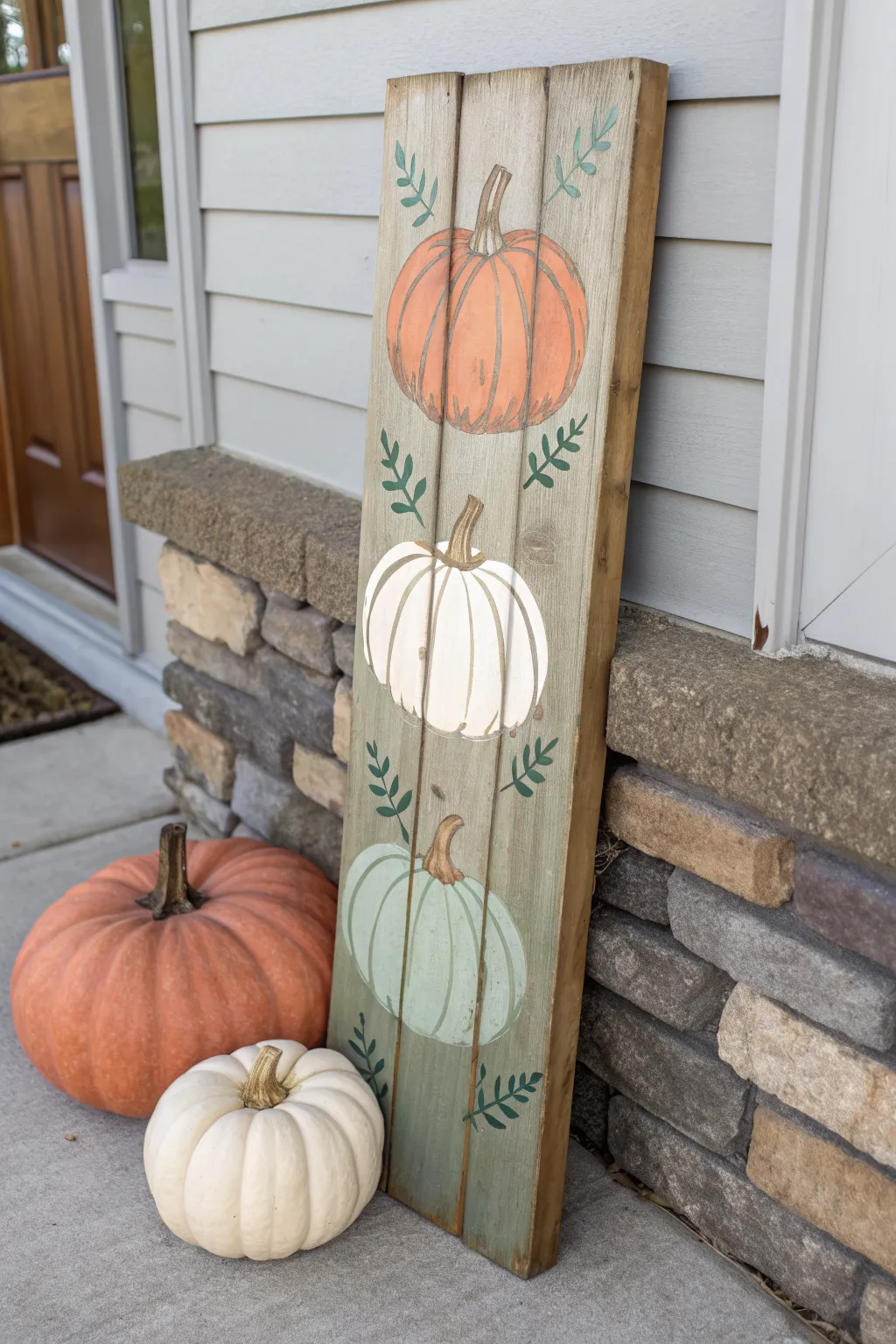 Cozy fall pallet art: trio of plump pumpkins in warm neutrals, minimalist Scandinavian boho vibe