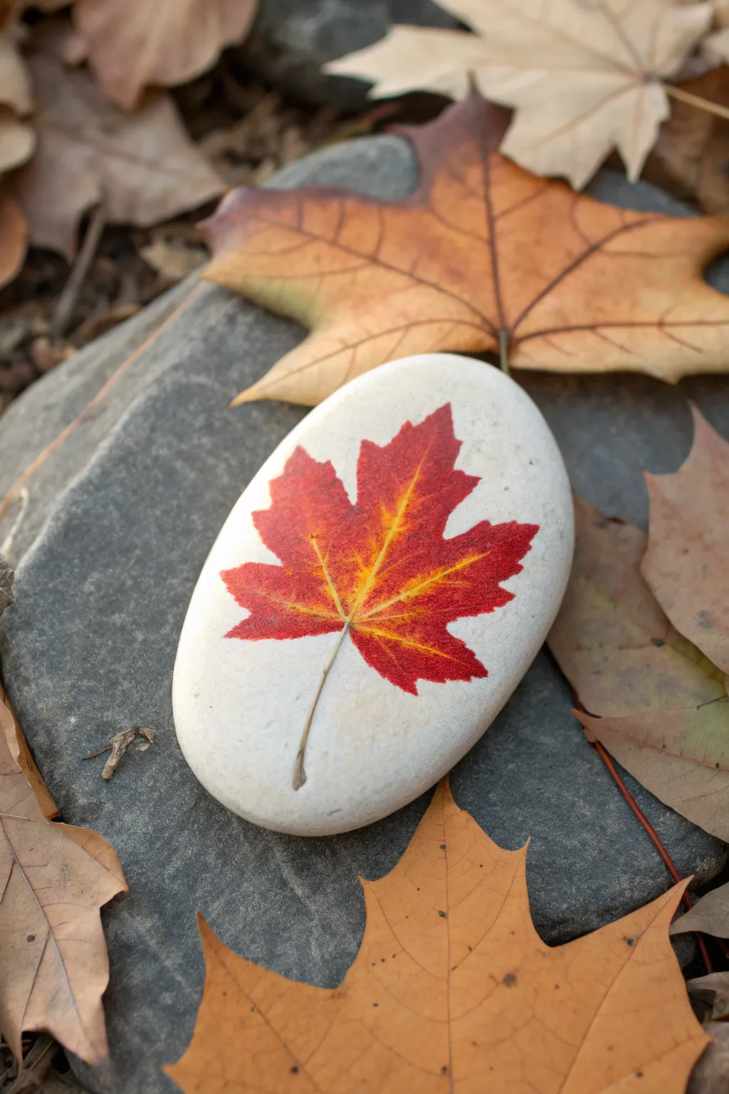 Maple leaf gradient rock in warm fall hues, minimalist and boho, perfect for autumn painting ideas