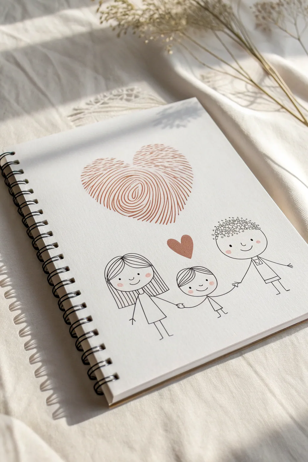 Minimal fingerprint family portrait page idea with simple lines, soft ink tones, and cozy contrast