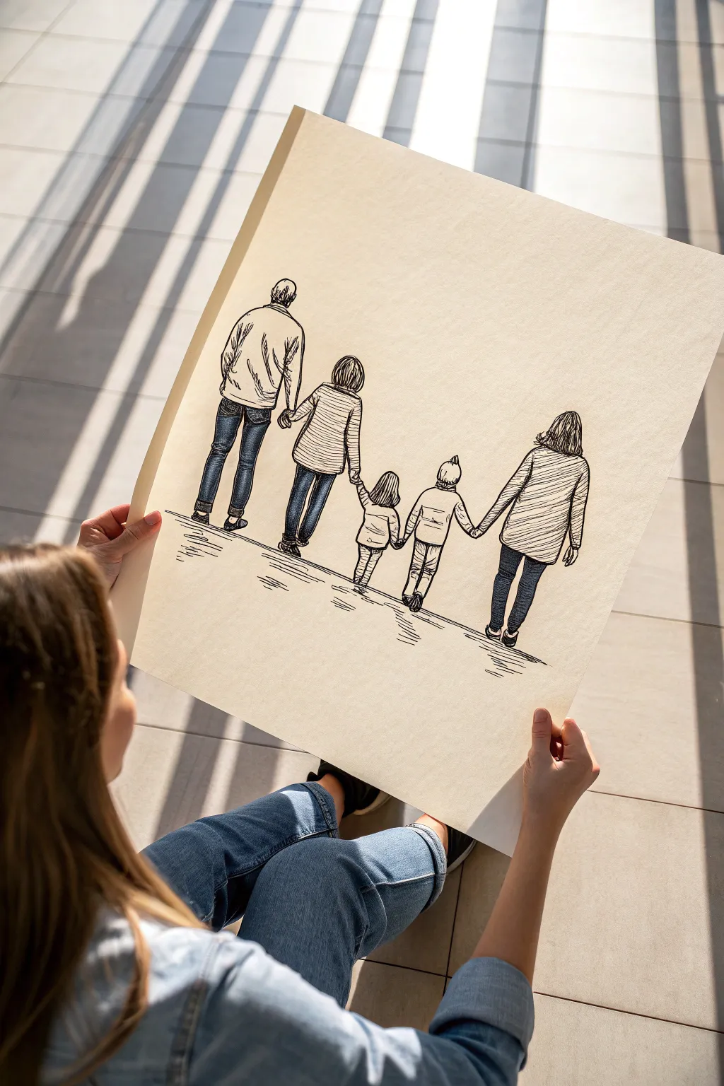 Simple family hand-holding lineup line art showing height differences, clean and cozy