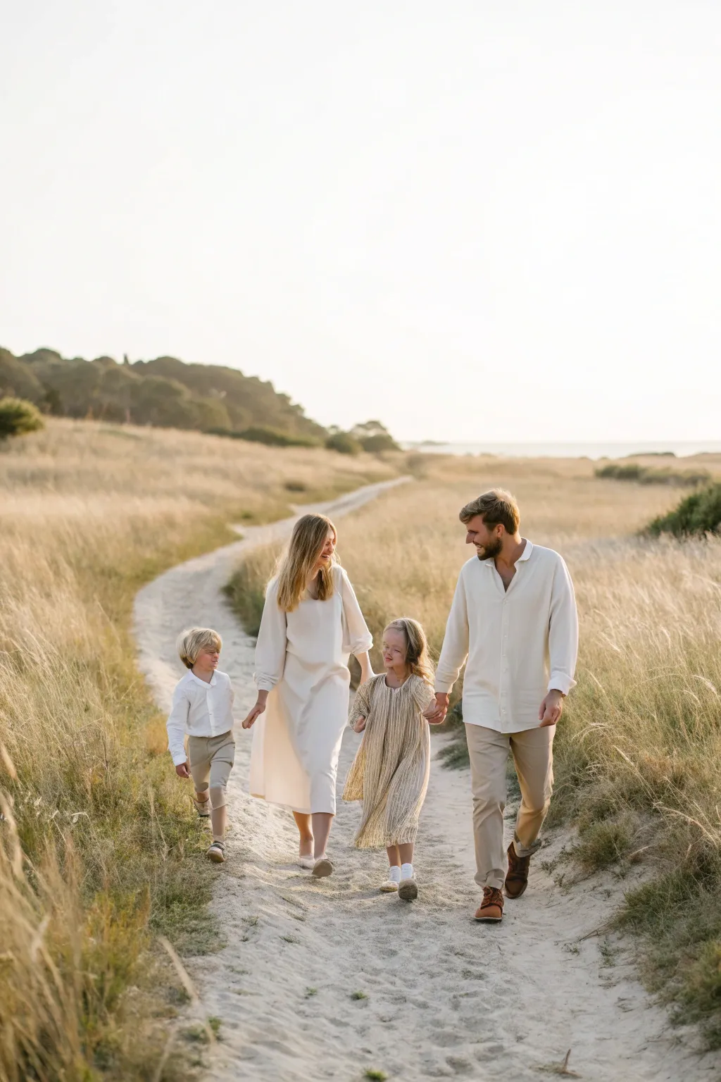 Hand-in-hand family strolls toward the lens for a candid, heartwarming portrait idea.