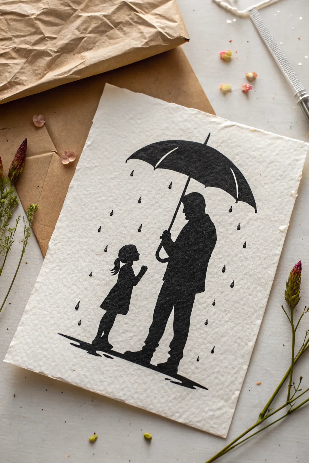 High-contrast silhouette: father shielding daughter under one tilted umbrella, soft rain, minimalist mood.