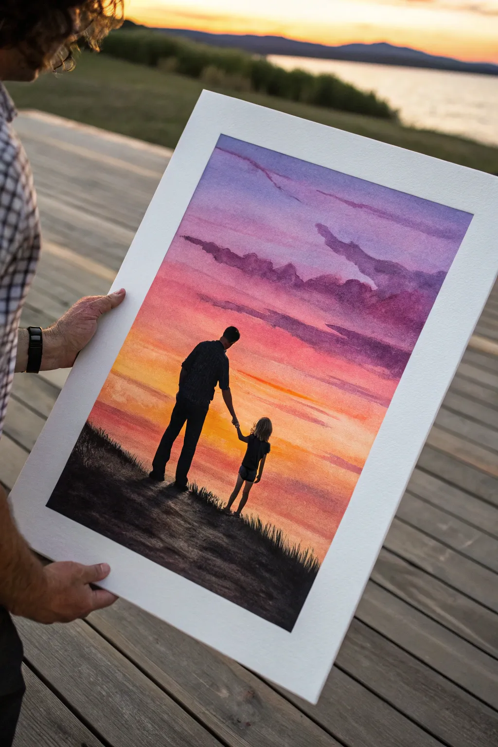 Classic sunset silhouette of dad and daughter holding hands, bold gradient sky and crisp contrast.