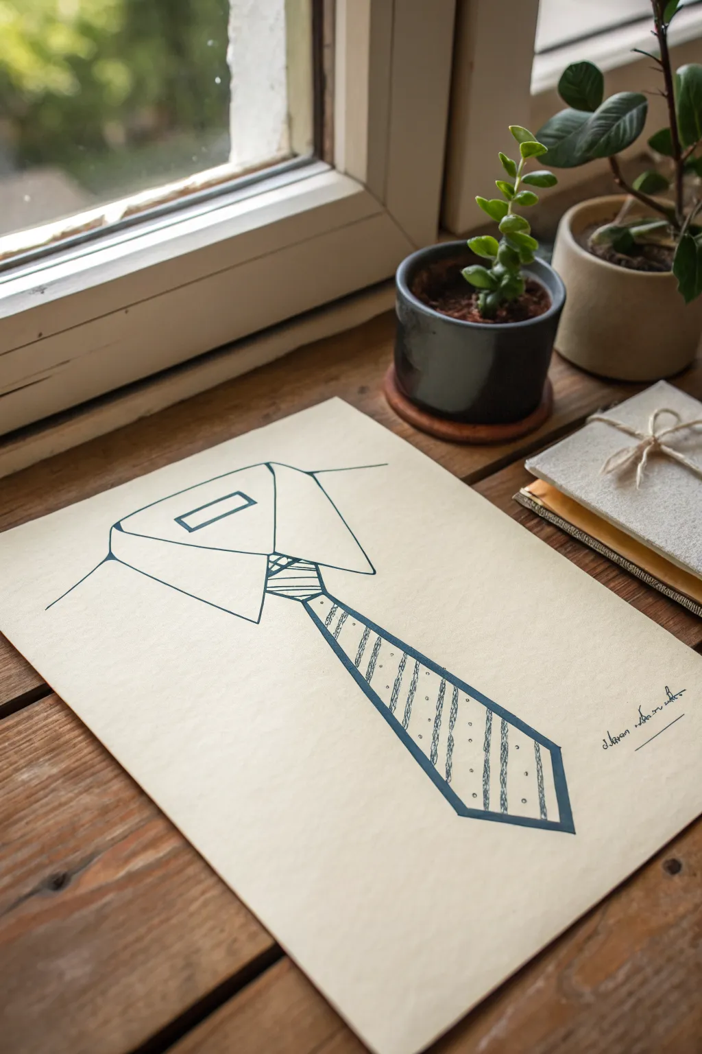 Simple tie and collar Dad icon drawing idea with clean lines and a soft boho watercolor wash