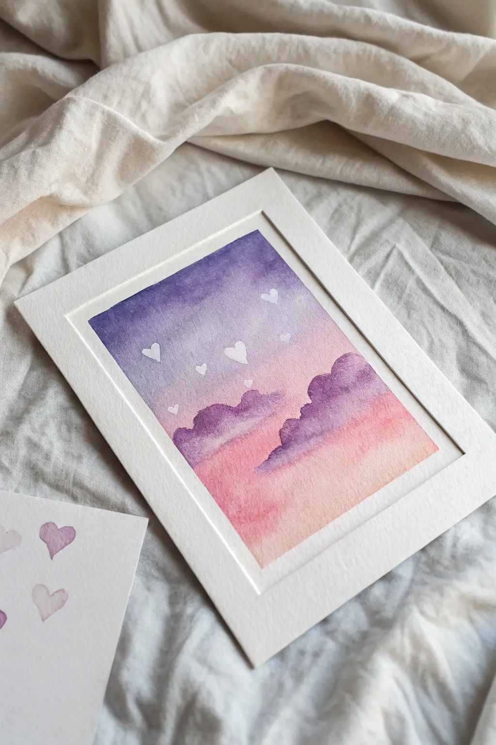Paint a dreamy February love sky with a blush to purple gradient and simple heart clouds