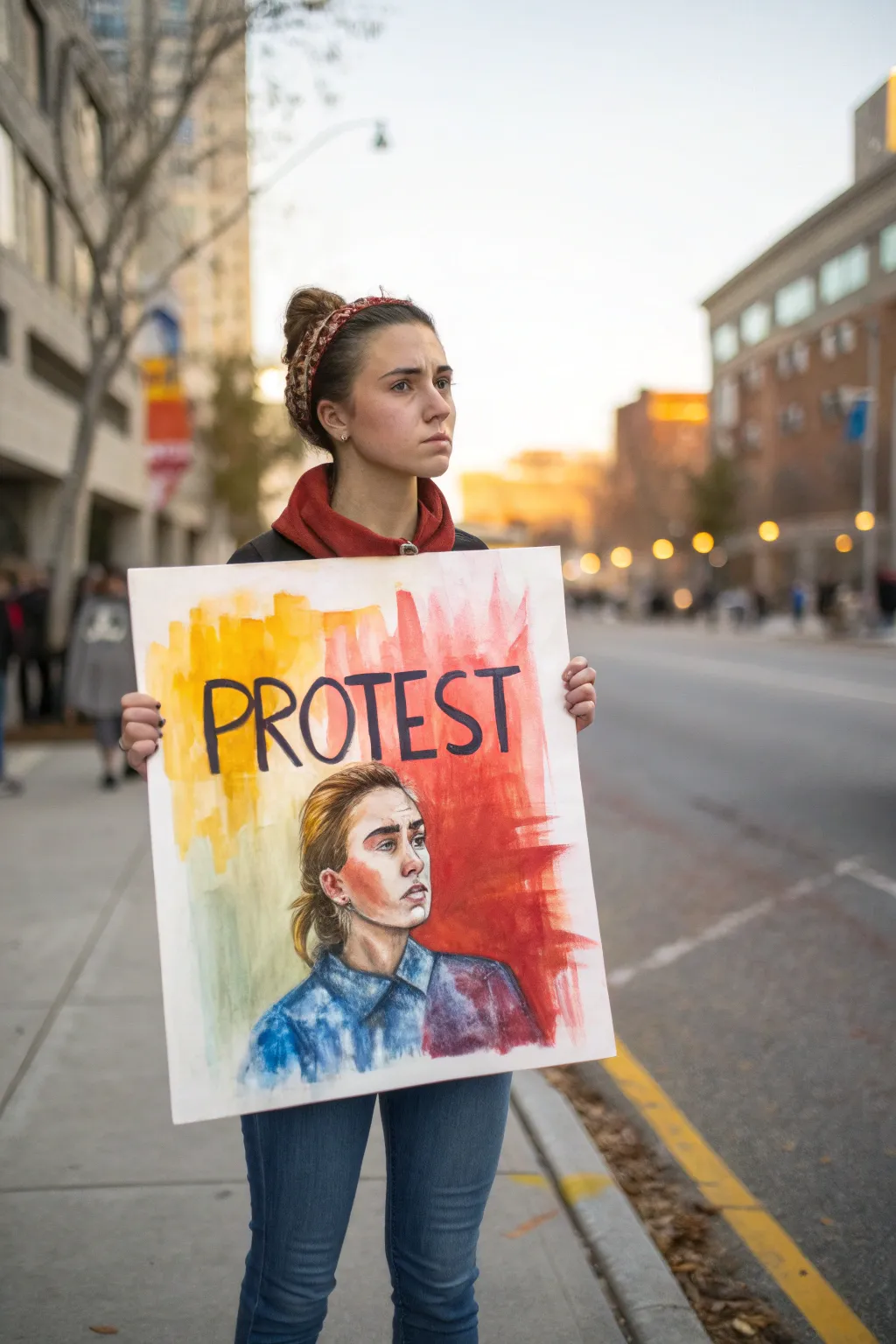 Paint a bold self-portrait with a blank protest sign and fearless brushwork, minimalist boho vibe