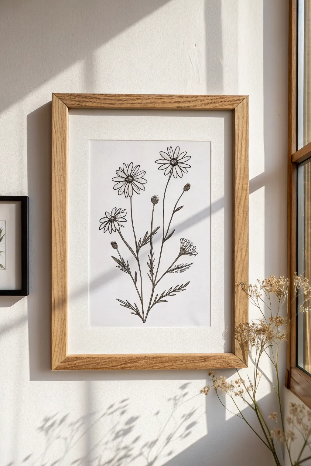 Minimal wildflower fine line print mockup for calm Scandinavian boho wall decor inspiration
