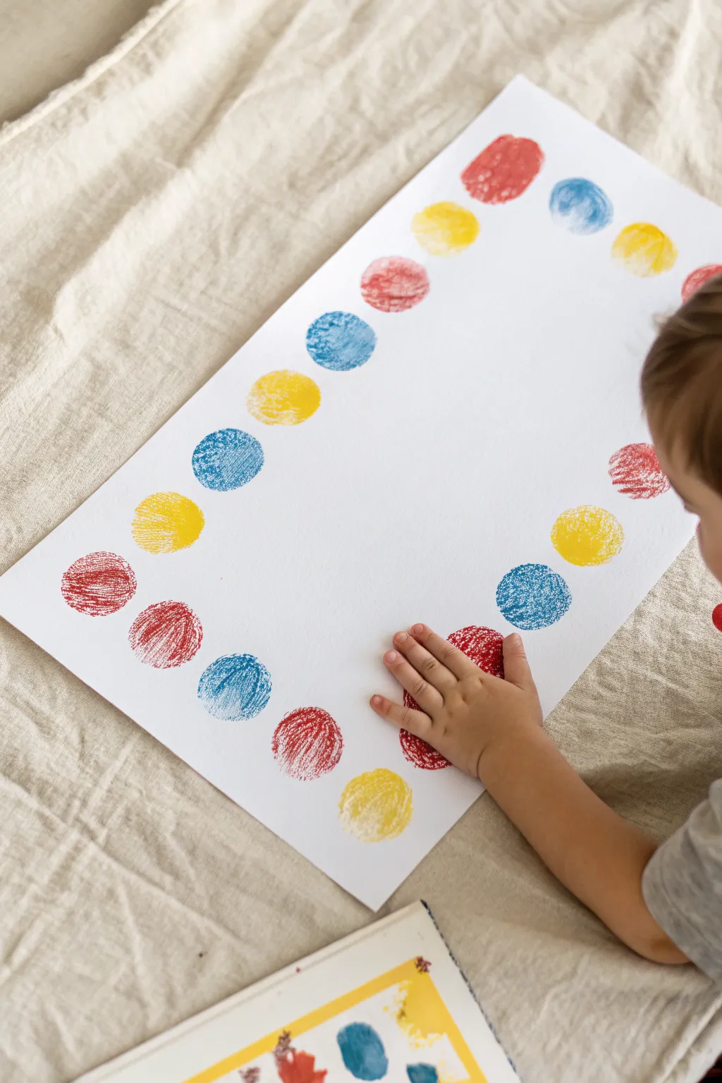 Bright primary fingerprint dots on crisp white paper, a tiny index finger adding one more dot