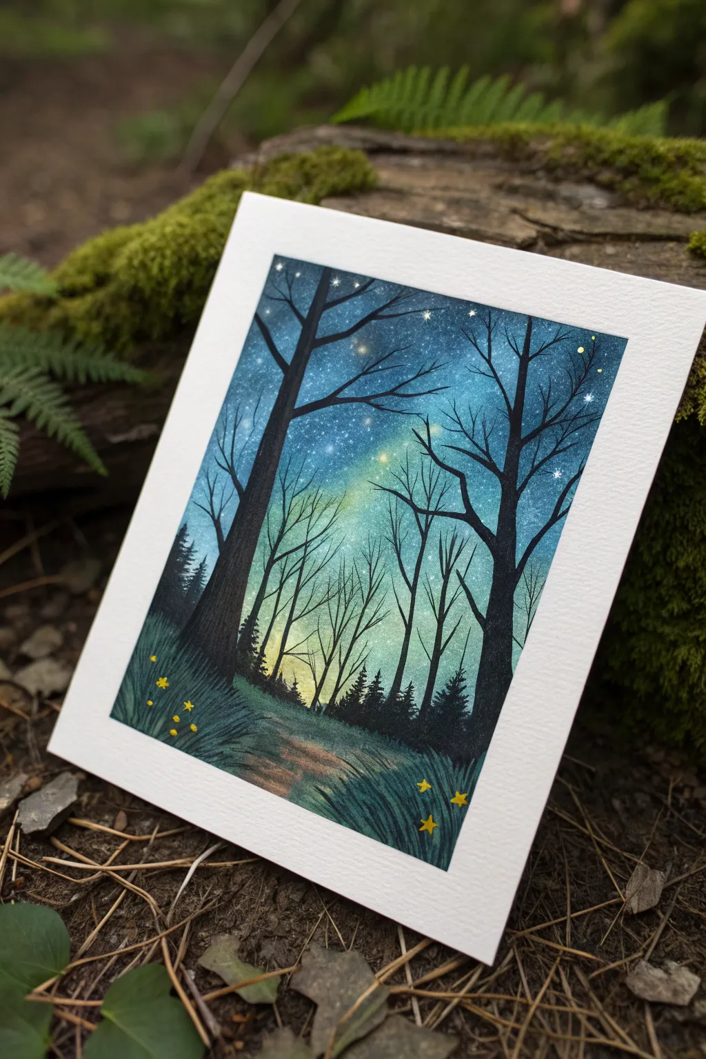 Minimal enchanted forest clearing with glowing fireflies, bold silhouettes, calm boho mood
